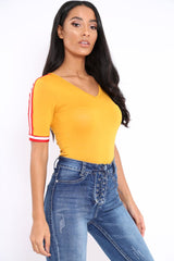 Mustard V Neck Tee with Contrast Sleeve Trim - Meryl