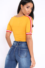 Mustard V Neck Tee with Contrast Sleeve Trim - Meryl