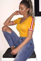 Mustard V Neck Tee with Contrast Sleeve Trim - Meryl