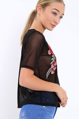 Black sheer top with floral embroidery - Hadley