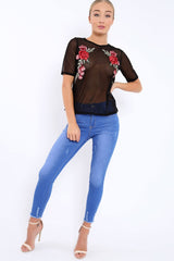 Black sheer top with floral embroidery - Hadley