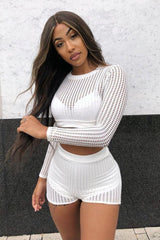 White Mesh Crop Jumper Shorts Co-Ord - Stassie