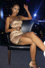 Gold Satin Ruched Crop Top Seam Detail Skirt Co-ord - Dailah