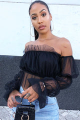 Black Tulle Mesh Bardot Crop Top - Gemini