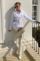 White Contrast Stitch Belted Denim Dress - Donia