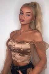 Gold Satin Mesh Sleeve Ruched Detail Crop Top - Rya