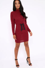 Wine High Neck Corset Front Ribbed Jumper Dress - Miah