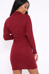 Wine High Neck Corset Front Ribbed Jumper Dress - Miah