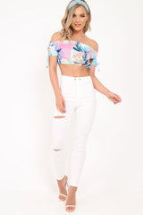 Multi Floral Tie Sleeve Bardot Top - Miana