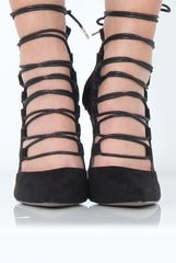 Black Suede Pointed Toe Tie Up Heels - Michelle