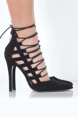 Black Suede Pointed Toe Tie Up Heels - Michelle