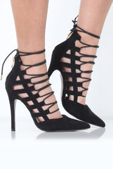 Black Suede Pointed Toe Tie Up Heels - Michelle