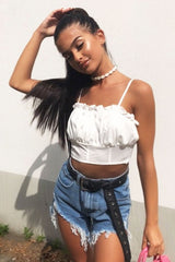 White Ruffle Front Strappy Crop Top - Aaloni
