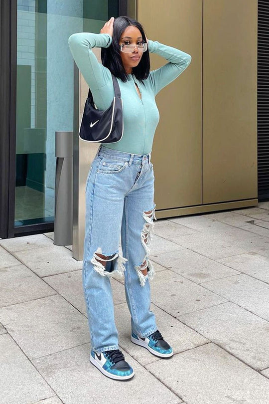 Sage Ribbed Zip Front Long Sleeve Bodysuit - Susanne