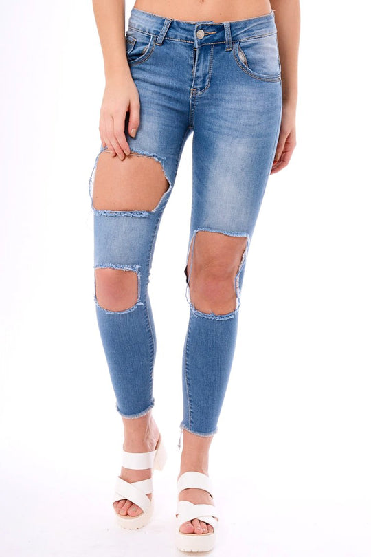 Mid Wash Extreme Ripped Skinny Denim Jeans - Brittnay