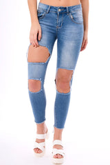 Mid Wash Extreme Ripped Skinny Denim Jeans - Brittnay