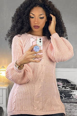 Pink Cable Knit Balloon Sleeve Jumper - Elicia