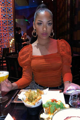 Rust Ruched Body Mesh Sleeve Bodysuit - Amylee