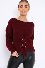 Wine Chunky Knit Corset Waist Knitted Jumper - Mikayla