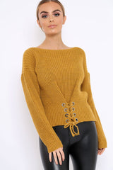 Mustard Chunky Knit Corset Waist Knitted Jumper - Mikayla