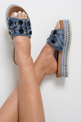Blue Distressed Denim Embellished Platform Sliders - Milee