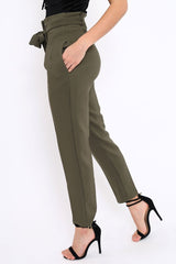 Khaki Bow Belted Tapered Trousers - Miley