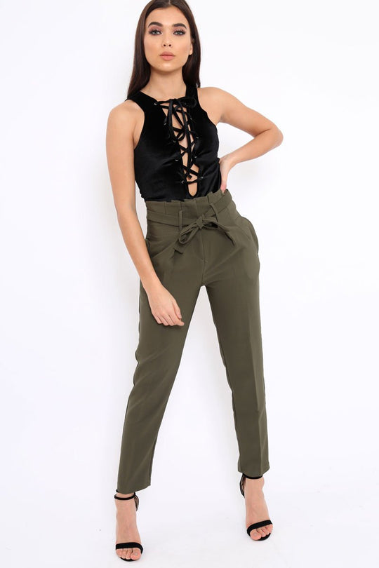 Khaki Bow Belted Tapered Trousers - Miley
