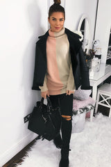 Pink Beige Colour Block Roll Neck Jumper - Milie