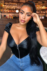 Black Satin Milkmaid Ring Zip Crop Top - Aariel