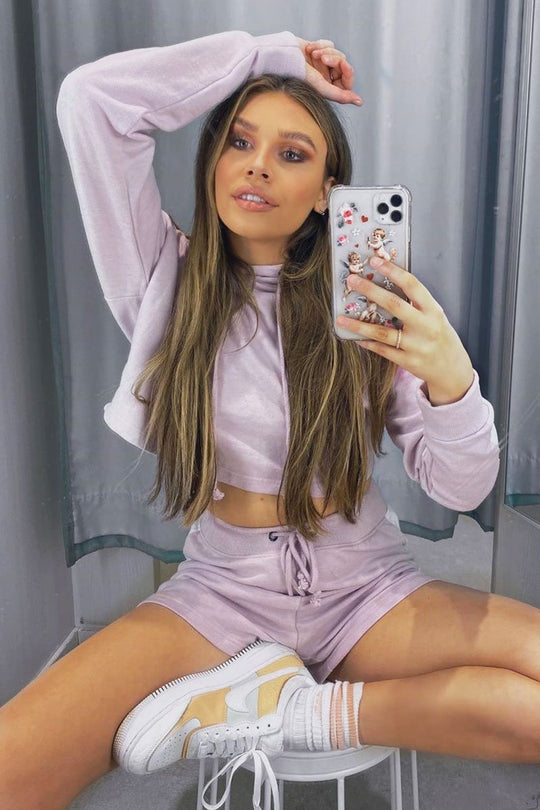 Lilac White Stripe Cropped Hoodie and Shorts Loungewear Co-ord - Dariella