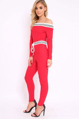 Red Sports Trim Bardot Jumpsuit - Millie