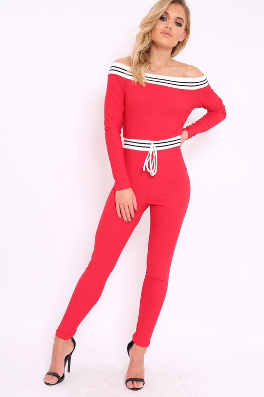 Red Sports Trim Bardot Jumpsuit - Millie