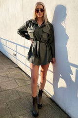 Khaki Faux Leather Belted Shirt Mini Dress - Alese