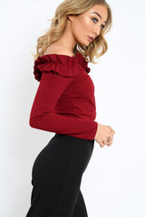 Wine Ruffle Bardot Crop Top - Milly