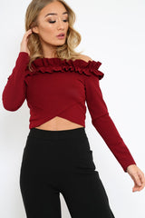 Wine Ruffle Bardot Crop Top - Milly