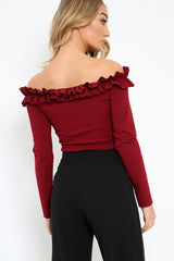 Wine Ruffle Bardot Crop Top - Milly