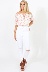 White And Pink Floral Gypsy Crop Top - Mimi