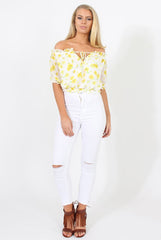White And Yellow Floral Gypsy Crop Top - Mimi