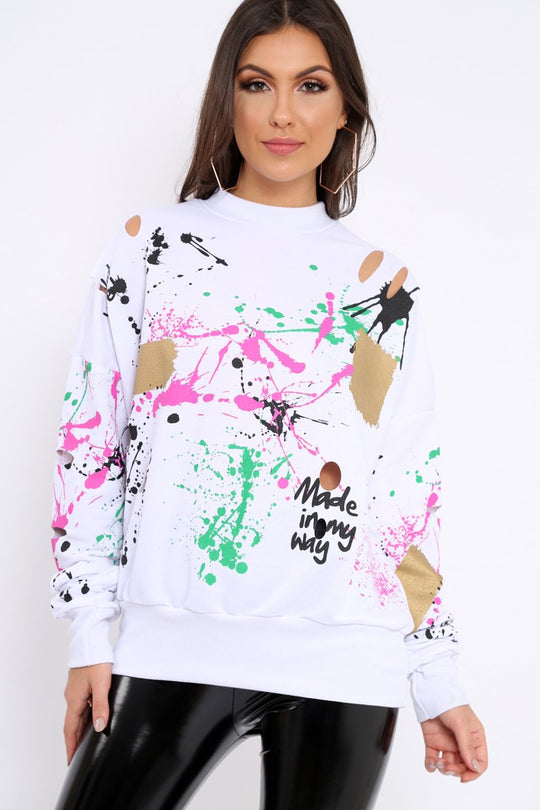 White Distressed Paint Splatter Jumper - Mina