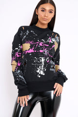 Black Distressed Paint Splatter Jumper - Mina