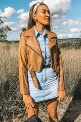 Tan Faux Leather Crop Zip Front Jacket - Deniya