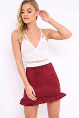Wine Suedette Frill Hem Mini Skirt - Misse