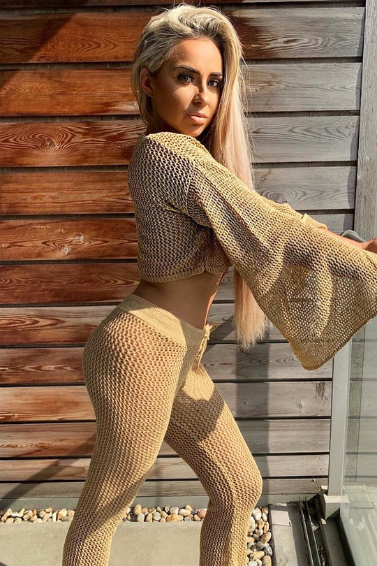 Gold Metallic Crochet Trouser Crop Top Co-ord - Natia
