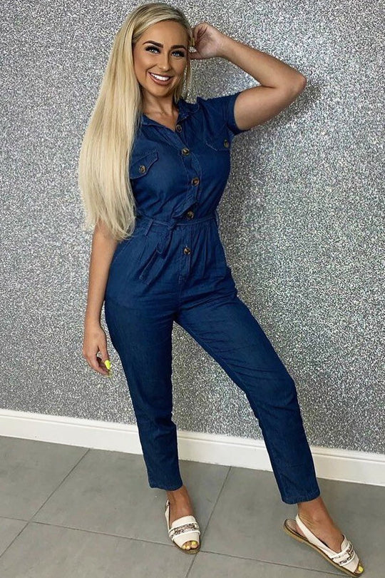 Mid Wash Denim Button Detail Boiler Jumpsuit - Casey