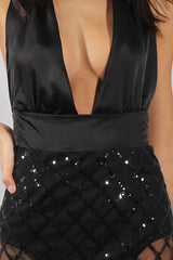 Black Sequin Diamond Plunge Halter Tie Dress - Misti