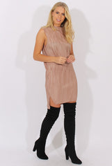 Camel Pleated Bodycon Midi Dress - Mistie