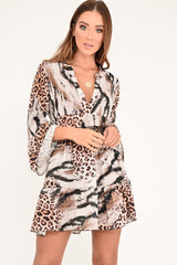 Mixed Animal Print Plunge Flute Sleeve Shift Dress - Olesya