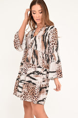 Mixed Animal Print Plunge Flute Sleeve Shift Dress - Olesya