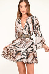 Mixed Animal Print Plunge Flute Sleeve Shift Dress - Olesya