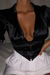 Black Satin Corset Detail Plunge Blouse - Myha